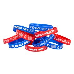 Wear your patriotic spirit on your sleeve--literally! With these patriotic rubber bracelets, you'll be all set to show off your American pride. This set of red and blue bracelets feature a variety of messages that let you express your love for the USA, declare that "America Rocks" or simply show off how "Red, White & Cool" you are. Arm your 4th of July celebrations with fun as you hand out these patriotic bracelets as Independence Day party favors, parade handouts and event prizes! Rubber. (100 pcs. per unit) 7 1/4" circ. © OTC Patriotic Red Bracelet For 4th Of July, Blue Bracelets, Patriotic Bracelet, Independence Day Party, 4th Of July Celebration, Rubber Bracelets, American Pride, Day Party, Blue Bracelet