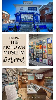 the museum detroit is located in front of a building with many pictures on it and there are