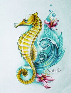 a drawing of a sea horse with flowers on it