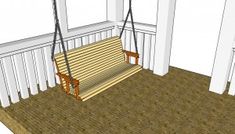 a wooden porch swing sitting on top of a carpeted floor next to a white wall