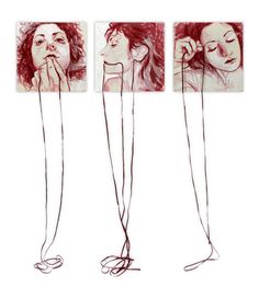 three drawings of woman's legs, one with her hands on her face and the other with her mouth open