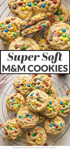 cookies with m & m sprinkles on top and the words super soft m & m cookies above it