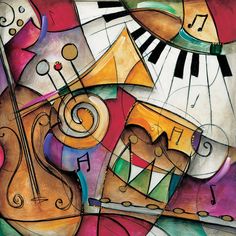 an abstract painting with musical instruments and music notes