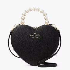 kate spade | Bags | Kate Spade Valentine Heart Crossbody Bag Love Shack Pearl Handle Black Nwt | Poshmark Heart Crossbody Bag, Bags Kate Spade, Script Logo, Valentine Heart, Kate Spade New York, Leather Crossbody, Kate Spade, Crossbody Bag, Valentines