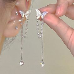 Ears Piercing Ideas, Korean Jewelry Earrings, Jewels Aesthetic, Elf Female, Silver Long Earrings, Shell Butterfly, Jewelry Silver Earrings, Y2k Earrings, Tassel Earing