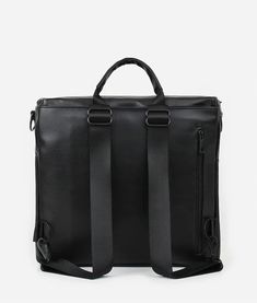 a black leather briefcase with two straps on the front and one strap at the bottom