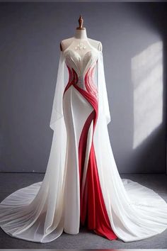 Unusual Formal Dresses, Black And Color Wedding Dress, Mid Evil Wedding Theme, Black And Red Fantasy Dress, Red Carpet Dress Ideas, White And Red Gown, Mystical Dresses Fairytale, Mythical Dresses, Dark Fantasy Gown