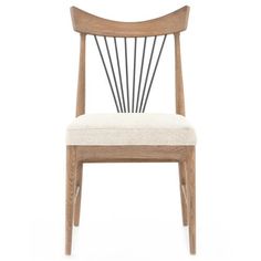 a wooden chair with white upholstered seat and backrest, against a white background