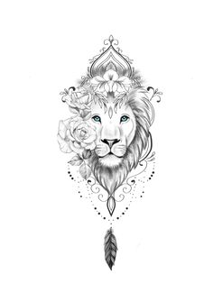 a drawing of a lion with flowers on it's head and an arrow in the middle