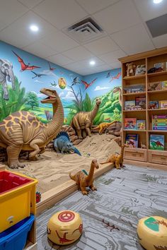 children's playroom with dinosaur murals and toys