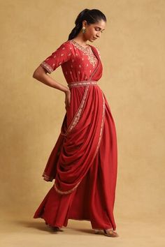 Red saree dress featuring thread embroidery with sequin embellishments. Comes with matching dupatta and belt. - Aza Fashions Traditional Evening Gown For Diwali, Designer Draped Dress With Zari Work, Saree Dresses For Reception And Navratri, Bollywood Style Draped Festive Dress, Bollywood Style Festive Draped Dress, Festive Bollywood Draped Dress, Navratri Draped Dress With Zari Work, Zari Work Dresses For Navratri Reception, Zari Work Dress For Reception And Navratri