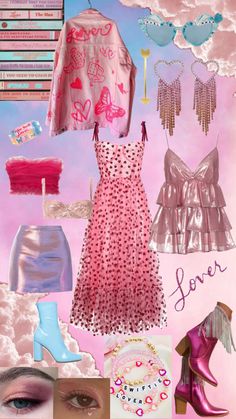 a collage of pink and blue items with clouds in the background