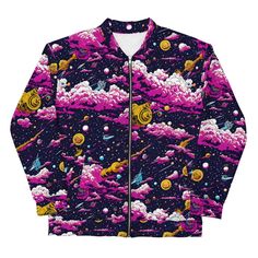 Add a little zing to your wardrobe with this vibrant All-Over Print Bomber Jacket. Wear it on a basic t-shirt, or layer it on top of a warm hoodie--it'll look great either way. With a brushed fleece inside, and a relaxed unisex fit, this Bomber Jacket is just the stuff of the dreams, so be quick to grab yourself one! * 100% polyester * Fabric weight: 6.49 oz/yd² (220 g/m weight may vary by 5% * Brushed fleece fabric inside * Unisex fit * Overlock seams * Sturdy neck tape * Silver YKK zipper * 2 All Over Print Long Sleeve Streetwear Outerwear, Cotton Outerwear With All Over Print For Fall, Casual Pink Outerwear With Graphic Print, Pink Cotton Urban Outerwear, Urban Style Pink Cotton Outerwear, Casual Pink Cotton Track Jacket, Winter Cotton Track Jacket With Graphic Print, Winter Streetwear Outerwear With All Over Print, All Over Print Outerwear For Spring Streetwear