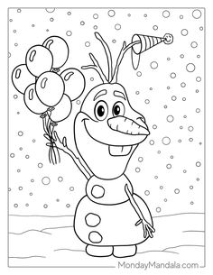 a cartoon character holding balloons in the snow