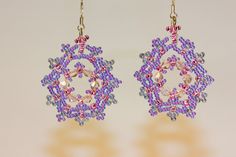 Pink-purple set of earrings and pendant called: by PigeonFarmer Handmade Purple Crystal Earrings, Pink Beaded Earrings, Jewellery Maker, Rainbow Fairies, Crystals Swarovski, Wire Earring, Beaded Snowflakes, Winter Earrings, Crystal Ornament