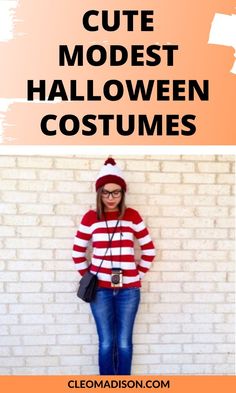 a woman standing in front of a brick wall with the words cute modest halloween costumes