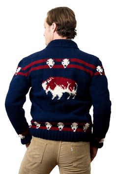 This ultra kitschy Cowichan-style Buffalo sweater is based on a vintage knitting pattern from the 1950s, popularized by famed knitware company Mary Maxim. We brought it back to life, because who wouldn’t want to step out with bright red and white bulls in classic Cowichan styling charging across their chest? Your sweater will be made to order. Please allow 6-8 weeks for your custom made to order sweater to ship.Please note that this is a NEW sweater, NOT a vintage sweater. That makes it the idea Retro Knit Outerwear For Winter, Retro Crew Neck Cardigan For Fall, Retro Long Sleeve Fair Isle Cardigan, Retro Fair Isle Cardigan, Retro Long Sleeve Cardigan With Fair Isle Pattern, Fitted Nordic Wool Sweater, Vintage Crew Neck Outerwear For Winter, Vintage Knit Outerwear With Fair Isle Pattern, Retro Wool Cardigan With Fair Isle Pattern