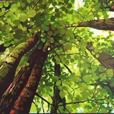 an oil painting of trees with green leaves in the foreground and sunlight shining through them