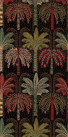 an image of a pattern with palm trees and leaves on black background, which is very colorful