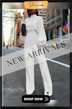 Long Sleeve Solid Elegant Jumpsuit Stretch Jumpsuits And Rompers For Winter Workwear, Chic Long Sleeve Pantsuit In A Solid Color, Chic Solid Color Long Sleeve Pantsuit, Chic Long Sleeve Winter Pantsuit, Chic Winter Pantsuit With Long Sleeves, White Jumpsuits And Rompers For Fall Party, Spring Solid Color Long Sleeve Pantsuit, White Long Sleeve Jumpsuits For Evening, White Long Sleeve Jumpsuits And Rompers For Evening