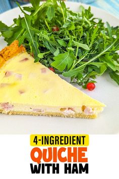 a slice of quiche with ham and greens on a white plate