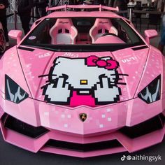 Hello Kitty Lamborghini, Pink Cybertruck, Hot Pink Lamborghini, Pink Sports Cars, Pink Cars Aesthetic, Car Interior Pink, Pink Car Aesthetic, Pink Lowrider, Pink Hellcat