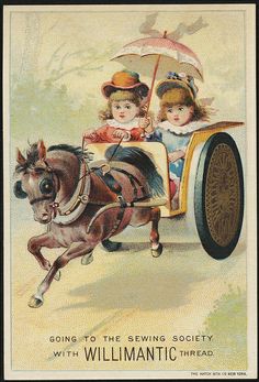 an old fashioned postcard features two children riding in a horse drawn carriage and the caption reads going to the sewing society with