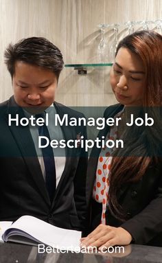 two people sitting at a desk with the words hotel manager interview questions written on it