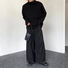 Wiaofellas - New Men's Fashion Baggy Pants Black Wide Leg Double Layered Striped Patchwork Cuffs Oversized High Waist Long Trousers Male Black Wide Leg Pants With Loose Fit For Winter, Black Baggy Wide Leg Pants For Winter, Black Oversized Bottoms For Fall, Oversized Black Bottoms For Fall, Black Wide Leg Ankle-length Pants For Winter, Oversized Black Winter Pants, Black Ankle-length Wide Leg Pants For Winter, Black Wide Leg Pants For Winter, Baggy Pants Black