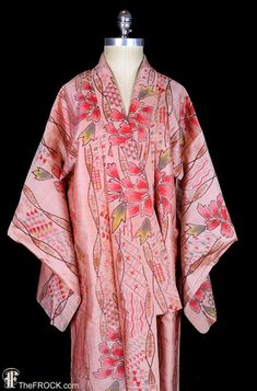 Vintage Pink Robe For Spring, Long Pink Silk Robe, Vintage Kimono With Kimono Sleeves, Long-sleeved Pink Vintage Robe, Pink Vintage Long Kimono, Traditional Pink Silk Kimono, Vintage Red Long Kimono, Vintage Long Red Kimono, Red Vintage Kimono For Spring