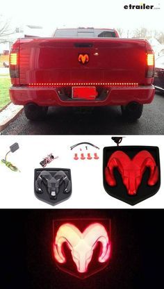 the tail lights and emblems of a red ram truck are shown in this image