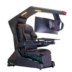 a computer chair with a monitor and keyboard on it's armrests is shown in front of a white background