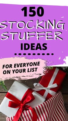 presents wrapped in red and white paper with the words, stocking stuffer ideas for everyone on your list