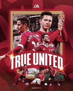 an advertisement for the manchester united soccer team, featuring two men in red uniforms and one man