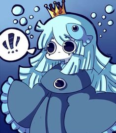 an anime character wearing a blue dress with a crown on her head and holding a fish