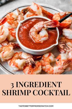 three ingredient shrimp cocktail on a plate with text overlay that reads, 3 ingredient shrimp cocktail