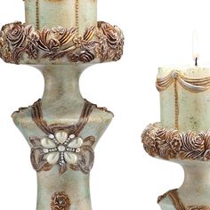 Create a warm and inviting environment in any space with this set of 2 beige and brown vintage pillar tabletop candle holders. Ships with candles included for added value and ease of use. Dress up your home to impress every season with this fabulous romantic vintage styled candleholder. Decorated with faux crystals and faux pearls. Candleholders are a decorative accent on their own. They are also an attractive way to turn a simple candle into a piece of dÃ©cor on its own. 16 H x 7 W x 7 D","Set Simple Candle, Easy Candles, Vintage Candlesticks, Picture Frame Shop, Rose Candle, Damask Print, Brown Vintage, Candle Holder Set, Vintage Rose