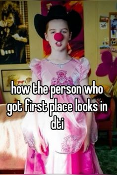 a girl with a clown nose and pink dress in front of her is the caption for