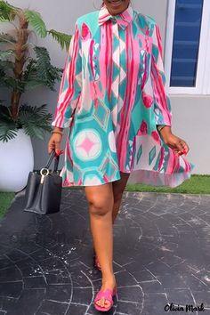 Color: Pink, Size: M Plus Size Shirt Dress, Long Sleeve Collared Dress, Collar Shirt Dress, Shirt Collar Styles, Loose Fit Shirts, Collared Shirt Dress, Dress Sleeve Styles, Fun Shirt, Printed Shirt Dress