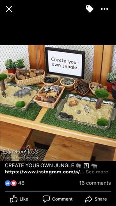 a table with several trays of food on top of it and a sign that says create your own jungle