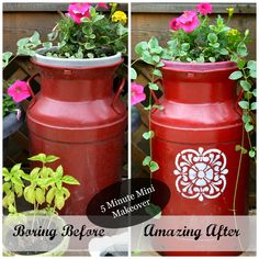 two red vases with flowers in them sitting next to each other