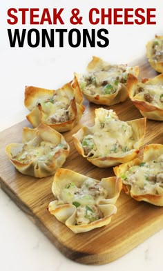 steak and cheese wontons on a cutting board with text overlay that says steak and cheese wontons