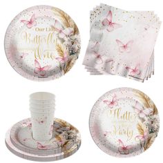 a set of four paper plates and napkins