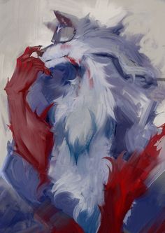 an abstract painting of a wolf with red, white and blue colors