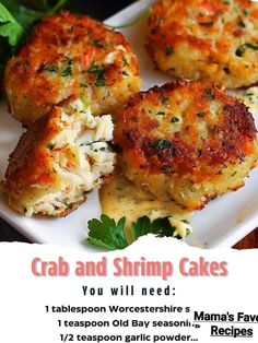 crab and shrimp cakes on a white plate