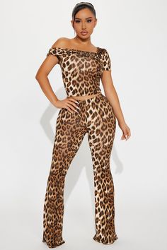 Available In Brown/combo. Pant Set Off Shoulder Top Short Sleeve Ruched Detail Flare Leg Pant Elastic Waistband Stretch Inseam 34" Disclaimer: Print Placement Will Vary 96% Polyester 4% Spandex Imported California Proposition 65 WARNING: Cancer and Reproductive Harm - www.P65Warnings.ca.gov. | Truth Be Told Leopard Pant Set in Brown size 3X by Fashion Nova Fitted High-rise Leopard Print Bottoms, Trendy Mid-rise Leopard Print Bottoms, Non-stretch Leopard Print Bottoms For Summer, Leopard Print Loungewear Bottoms, Leopard Print Stretch Full-length Bottoms, Leopard Pants, Flare Leg Pants, Off Shoulder Tops, Matching Sets