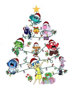 a christmas tree with cartoon characters around it