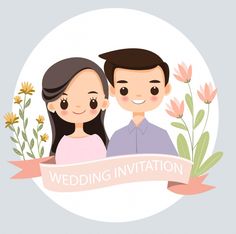 a man and woman standing next to each other with flowers in the background that says wedding invitation