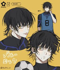 some anime characters with different hair styles and clothes, one is holding a soccer ball