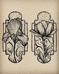 an old fashioned drawing of two vases with flowers